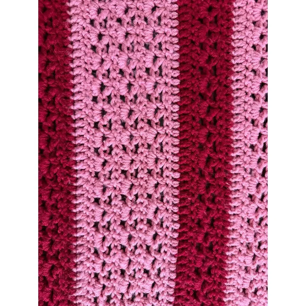 Vintage 1970s Pink Magenta Striped Crocheted Afghan Blanket Throw